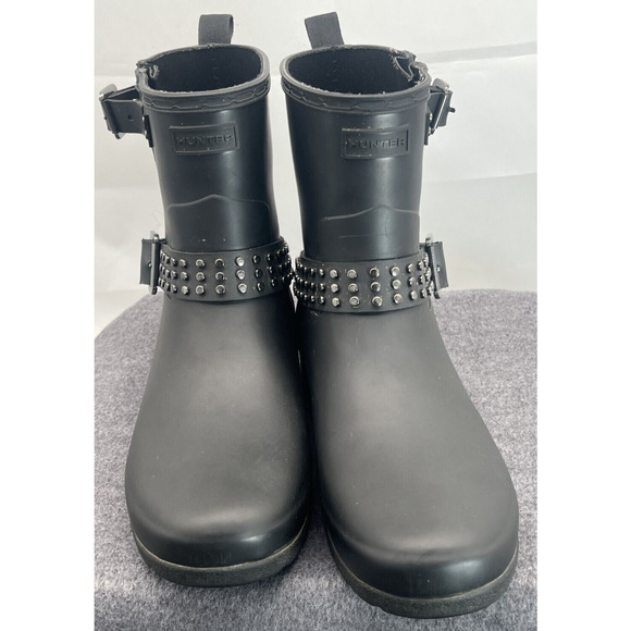Hunter Refined Black Studded Biker Boot Womens 9 Rubber Rain Pull On Waterproof - Picture 2 of 10